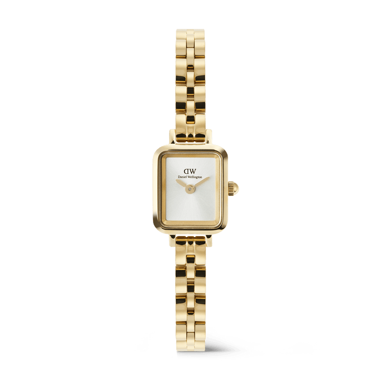 Quadro Mini Arch 3-link White Sunray Gold ladies watch featuring a petite rectangular gold case, minimalist white sunray dial, and polished 3-link gold bracelet with a butterfly clasp.