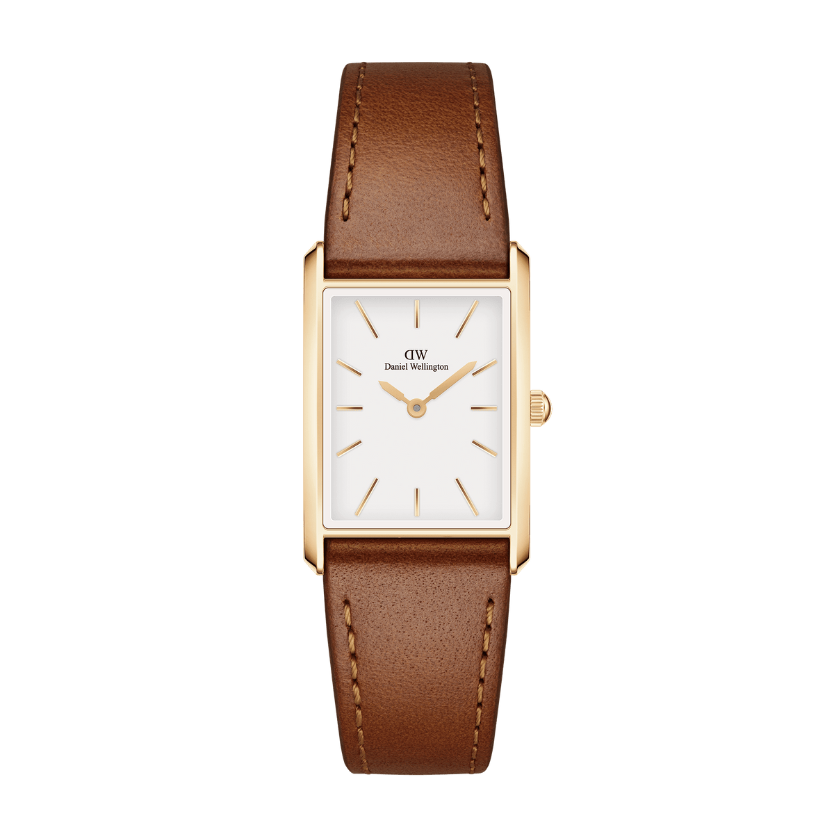 Bound Durham Gold ladies watch with a rectangular gold case, minimalist white dial, gold markers, and a light brown leather strap, designed for everyday elegance and versatility.
