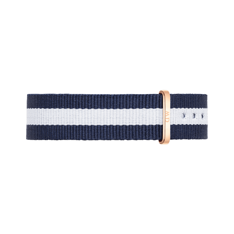 Glasgow Strap Rose Gold in a navy blue and white striped NATO style, featuring an adjustable rose gold buckle and durable polyester material for everyday comfort.