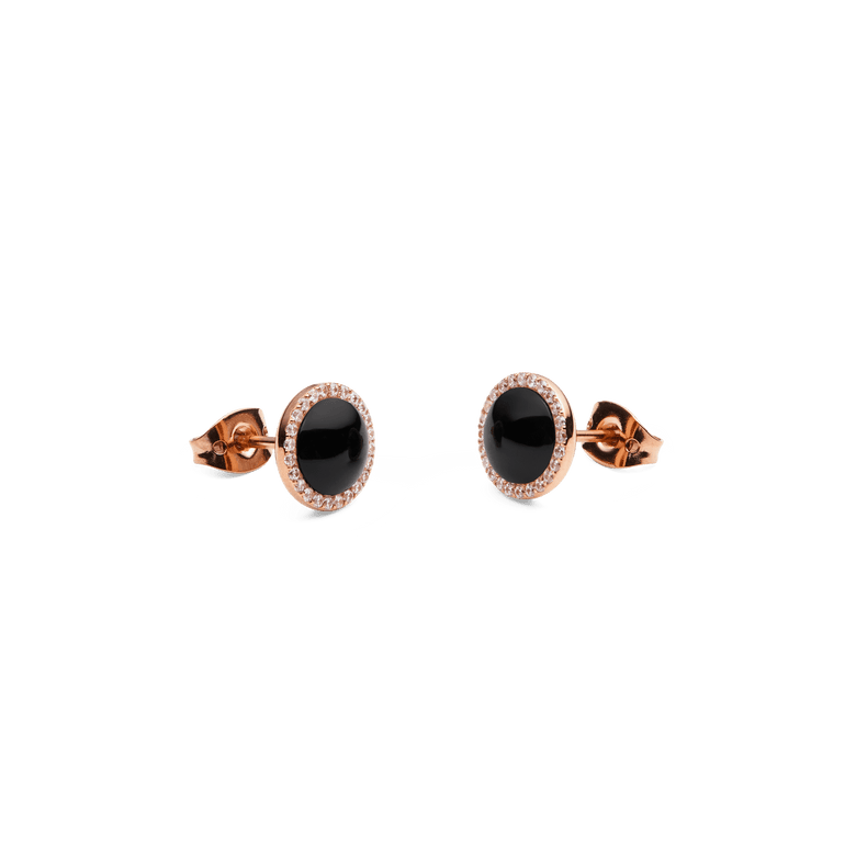 Audrey Earrings Black Agathe Rose Gold shown from a side angle, highlighting the domed black agate centre, rose gold setting, and sparkling cubic zirconia halo with secure butterfly clasps.
