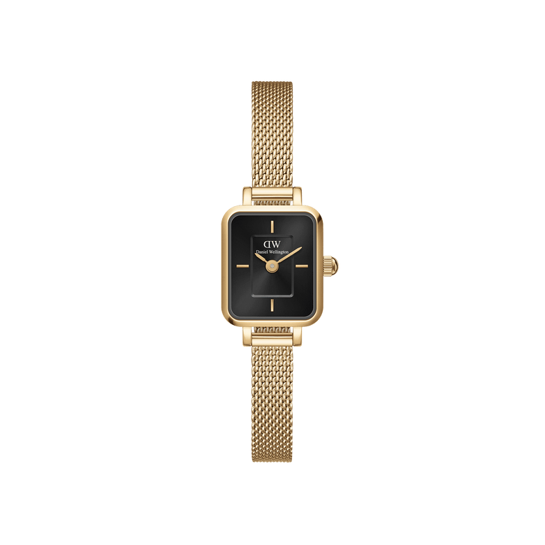 Quadro Mini Evergold Onyx gold watch for women featuring a rectangular black dial and a gold mesh strap, designed with a minimalist case and petite size for a refined, everyday look.