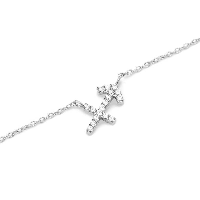 Close-up of the Crystal Zodiac Chain Necklace Silver showing a Sagittarius pendant crafted in silver and set with sparkling crystals on a fine chain.
