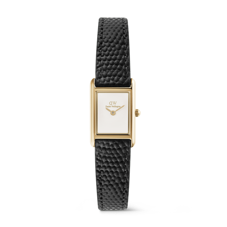 Bound Mini Black Lizard Gold ladies watch featuring a rectangular gold case, minimalist white dial, and a slim black lizard-texture leather strap, designed for a refined and comfortable fit.
