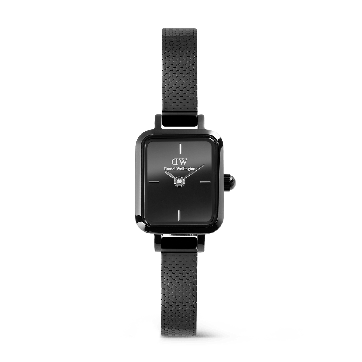 Quadro Mini Reflection Black watch with a rectangular black case, mirror-effect black dial, and a slim black mesh strap, designed for a minimalist and elegant look suitable for small wrists.