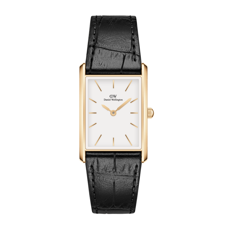 Rectangular gold Daniel Wellington Bound Black Crocodile Gold watch with a minimalist white dial and a black crocodile-embossed leather strap, ideal for both formal and casual wear.