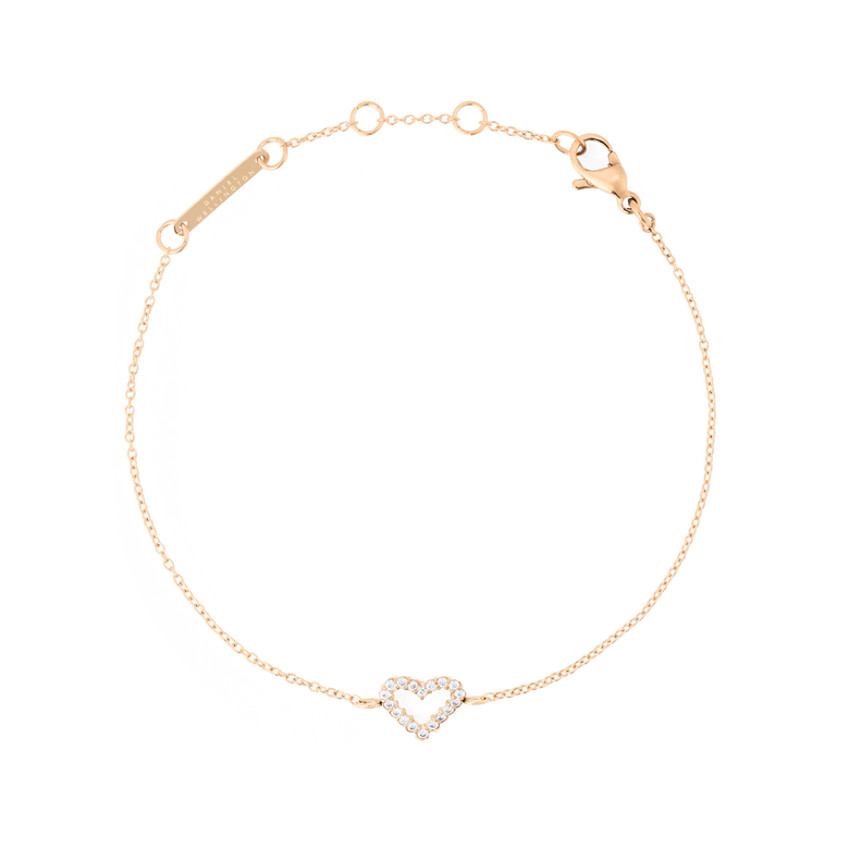 Delicate rose gold bracelet featuring a fine chain, adjustable clasp, and a heart-shaped pendant set with sparkling white stones, designed for everyday elegance and easy layering.