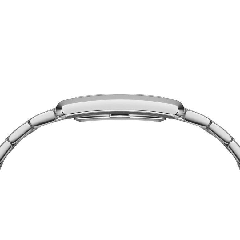 Bound 9-Link Silver ladies watch featuring a slim rectangular stainless steel case and integrated silver bracelet, shown from the side to highlight its low-profile design.