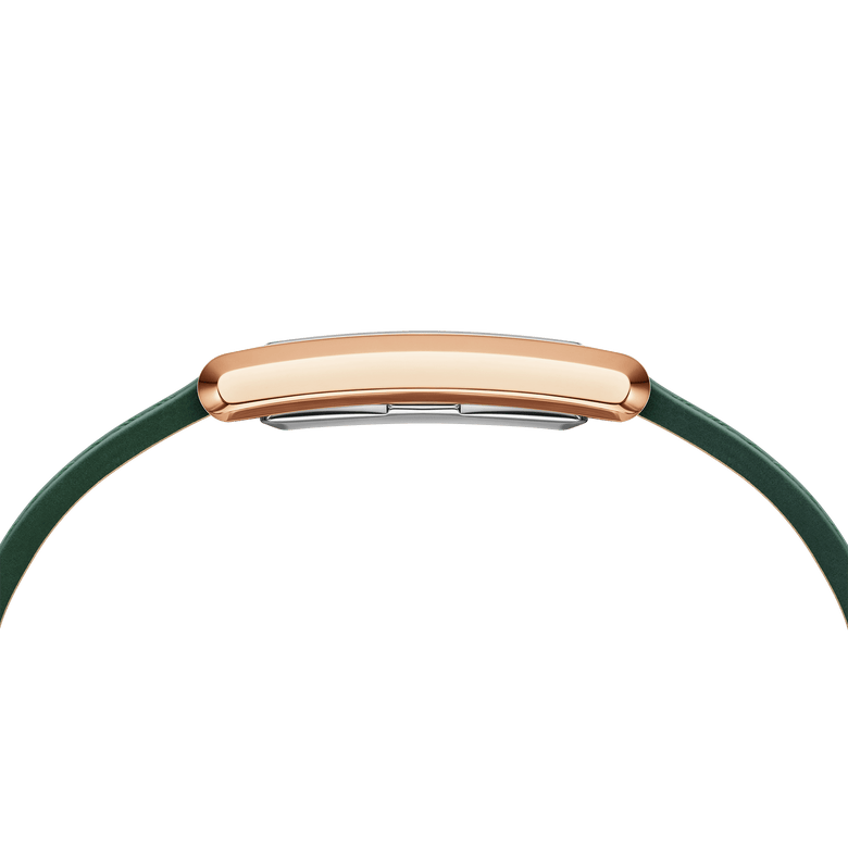 Side profile of the Bound Crocodile Emerald Sunray Rose Gold watch, highlighting its slim rose gold case and green leather strap.