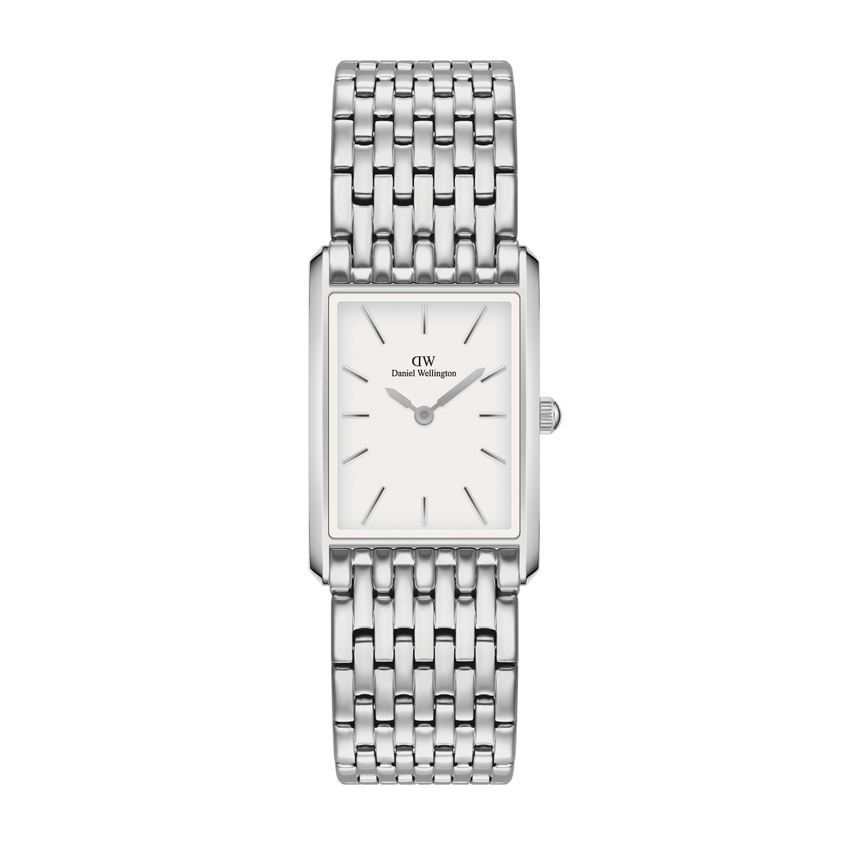 Bound 9-Link Silver ladies watch featuring a rectangular 32mm stainless steel case, crisp white dial with minimalist markers, and an integrated nine-link silver bracelet.