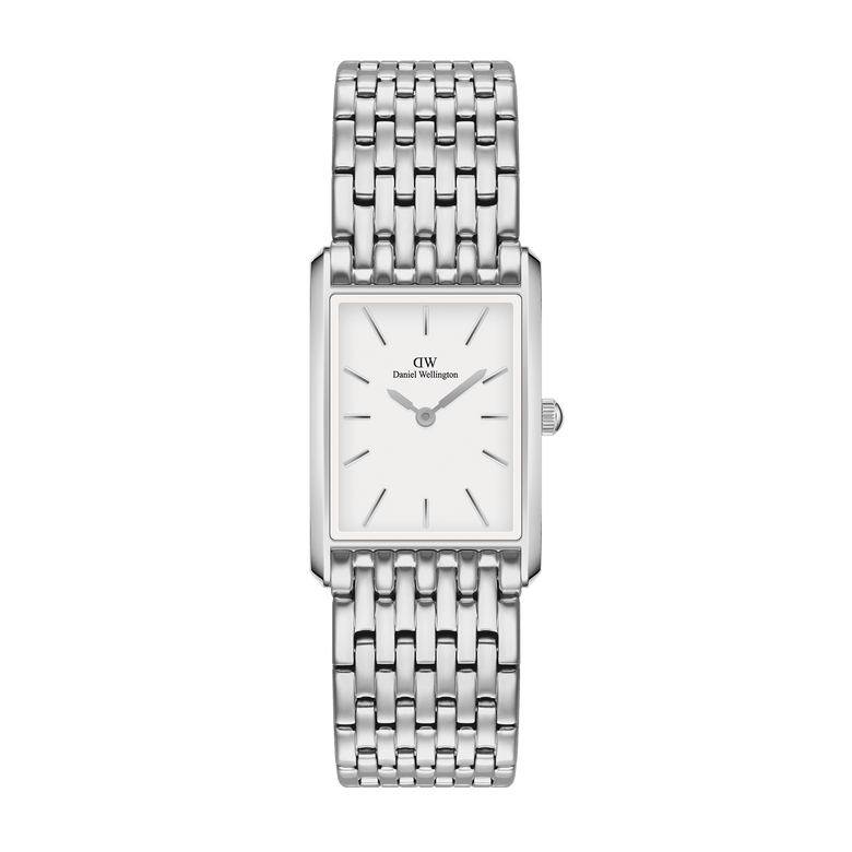 Bound 9-Link Silver ladies watch featuring a rectangular 32mm stainless steel case, crisp white dial with minimalist markers, and an integrated nine-link silver bracelet.