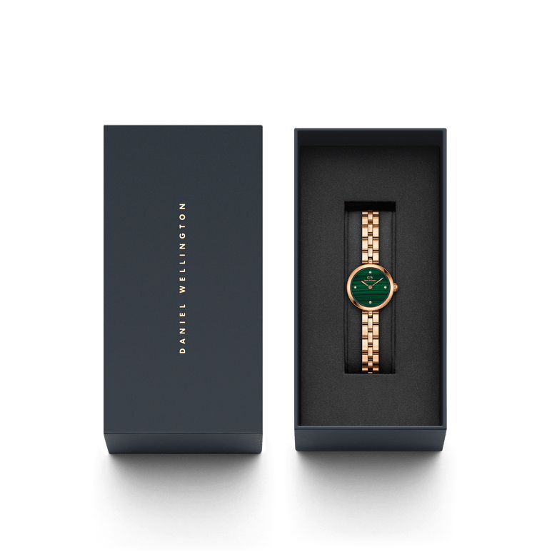 Elan Lumine Malachite Rose Gold ladies watch with a rose gold bracelet and green malachite dial, presented in a sleek branded gift box.
