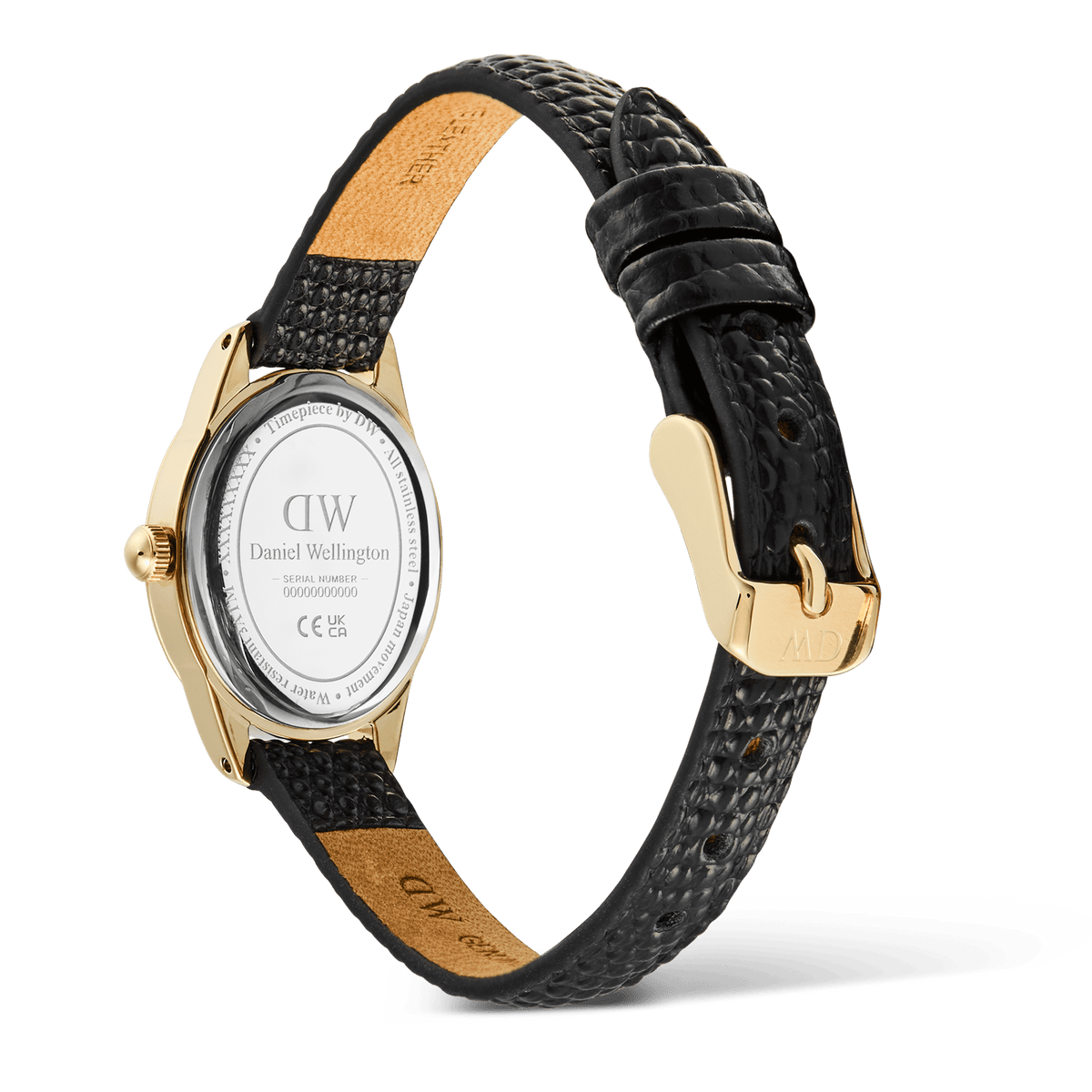 Back view of the Daniel Wellington Ophelia Mini Black Lizard Unitone Guilloché Gold watch, showing the gold case, engraved caseback, and adjustable black lizard-embossed leather strap with a gold buckle.