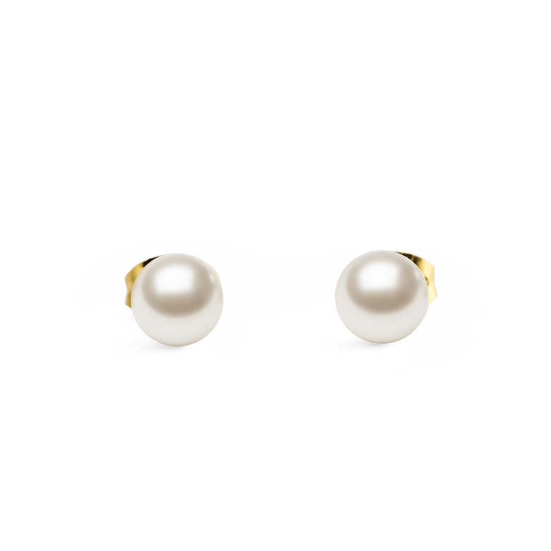 Pair of Pearl Stud Earring Gold featuring 6 mm white Swarovski glass pearls set on polished gold-tone bases, shown against a plain background.