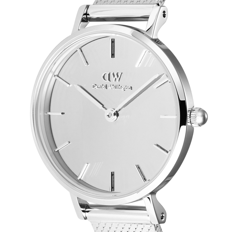 Close-up of the Daniel Wellington Petite Reflection Silver ladies watch, highlighting the mirror-effect silver dial, minimalist hour markers, and polished stainless steel case.