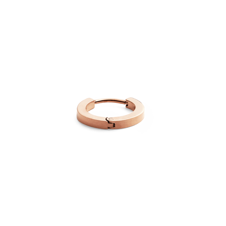 Rose gold hoop earring with a sleek, minimal design and a secure hinged clasp, shown against a plain background.