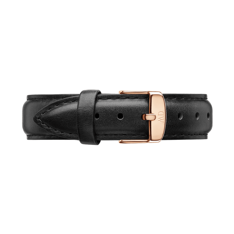 Sheffield Strap Rose Gold features a black genuine leather band with neat stitching and a rose gold buckle, offering a refined and versatile replacement strap for a range of watches.