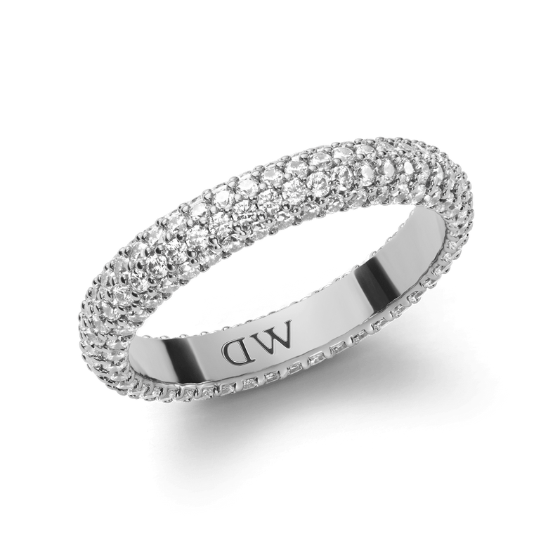 Silver Pavé Crystal Ring featuring a rhodium plated band set with closely arranged cubic zirconia crystals, offering a refined, sparkling finish suitable for stacking or wearing alone.