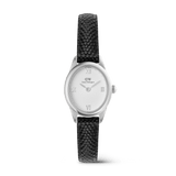 Petite ladies watch with a polished silver oval case, white guilloché dial featuring Roman numerals, and a textured black lizard-embossed leather strap.