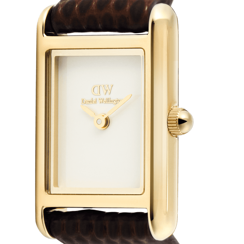 Close-up of the Bound Mini Dark Brown Lizard Gold watch showing its rectangular gold case, minimalist white dial, and textured brown lizard grain leather strap.