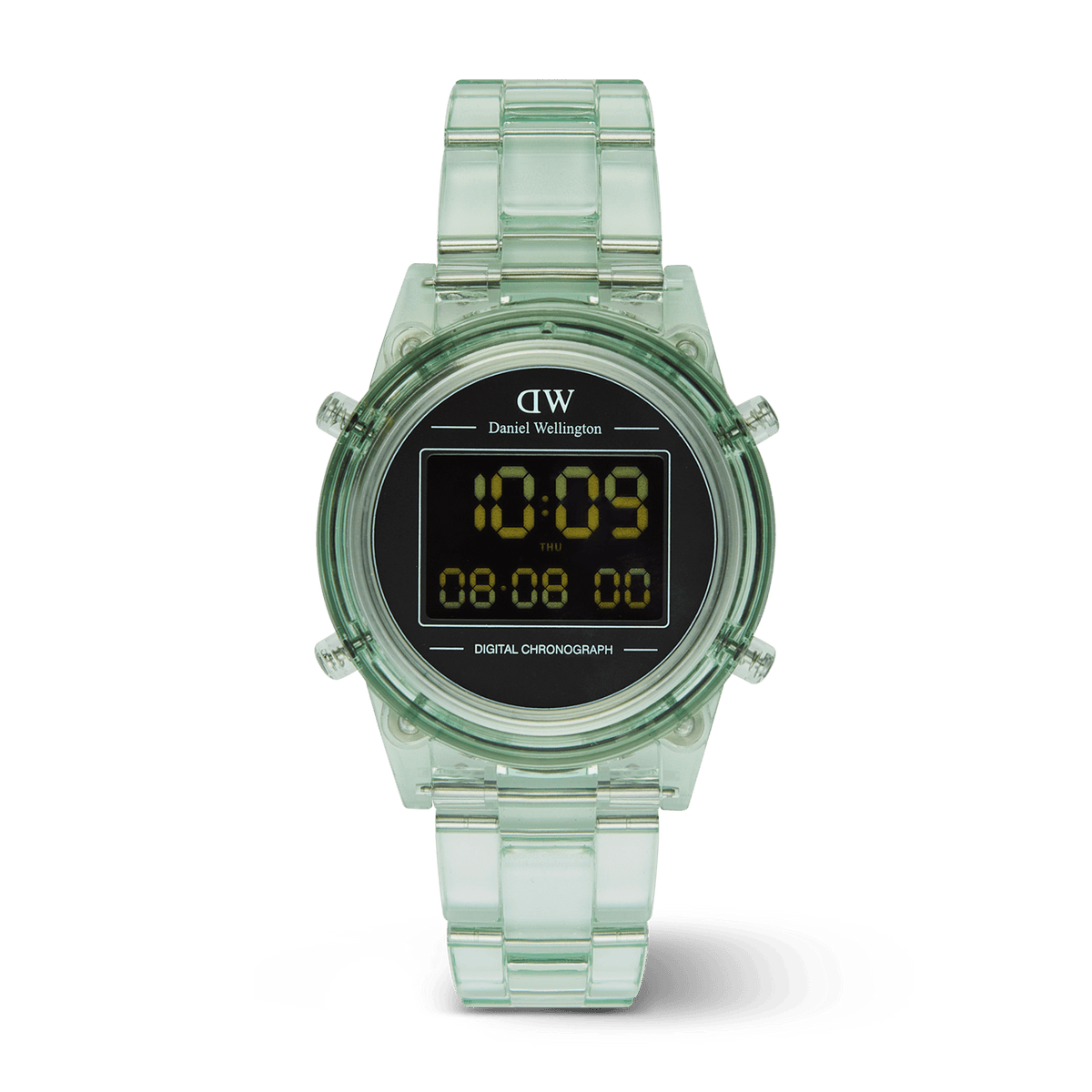 Retro Digital Light Green Light Green unisex watch with a transparent light green link bracelet, round black digital dial, and yellow digital display, featuring a minimalist retro design suitable for both men and women.