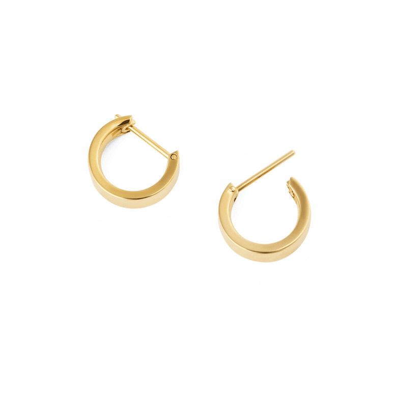 Line Earrings Polished Gold 3.5mm shown open, highlighting their minimalist hoop design, mirror-like shine, and secure latch-back closure suitable for everyday wear.
