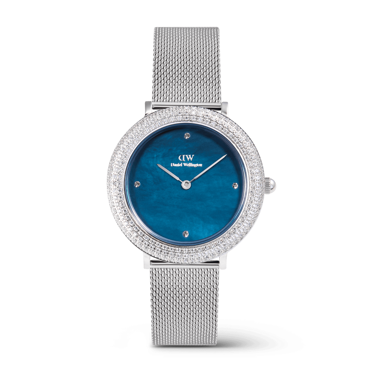 Daniel Wellington Crystalline Bezel Sterling Blue ladies watch with a blue mother of pearl dial, crystal-set bezel, and a polished silver stainless steel mesh strap.