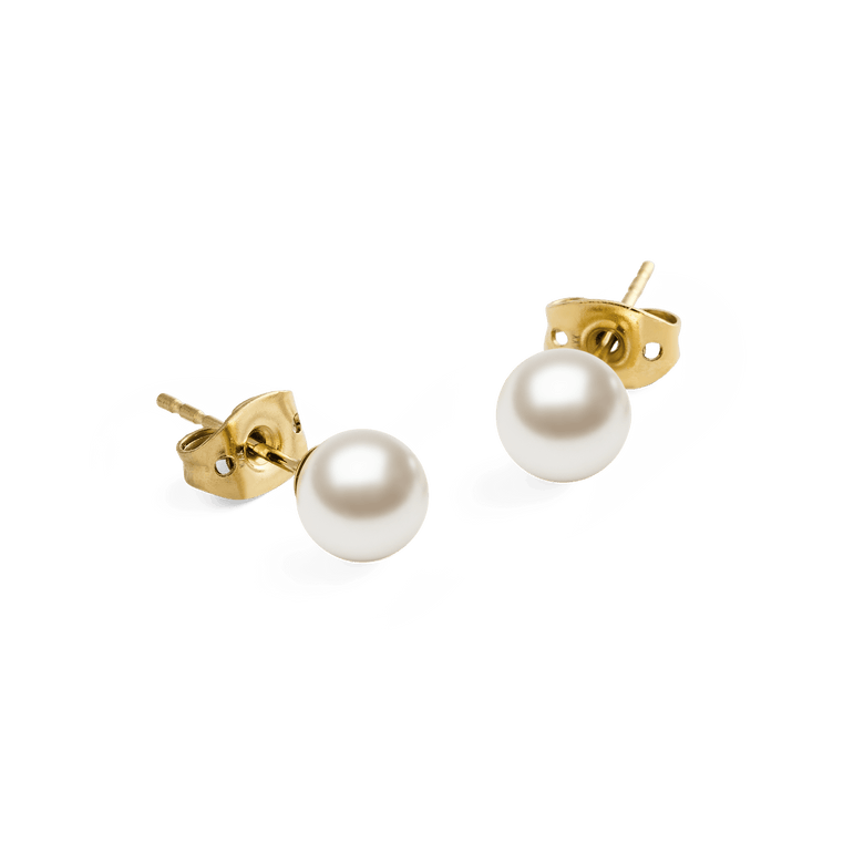 A pair of Pearl Stud Earring Gold featuring 6 mm white Swarovski glass pearls set on polished gold-tone stainless steel posts, shown from an angled view to highlight their elegant and minimal design.