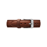 St Mawes Strap Silver features premium brown leather with detailed stitching and a polished silver buckle, offering a classic and versatile replacement strap for various watch sizes.