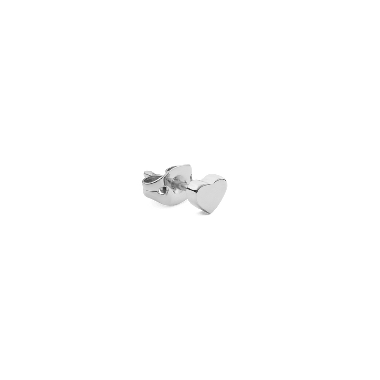 Petite heart-shaped silver stud earring with a polished stainless steel finish and secure backing, shown against a plain background.