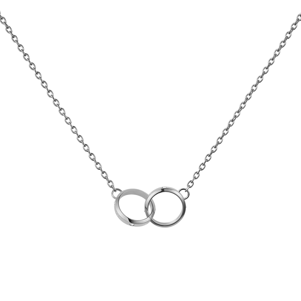Classic Lumine Unity Silver necklace featuring two interlocking polished silver rings on a delicate adjustable chain, crafted from stainless steel with subtle crystal accents for a refined, minimalist look.