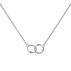 Classic Lumine Unity Silver necklace featuring two interlocking polished silver rings on a delicate adjustable chain, crafted from stainless steel with subtle crystal accents for a refined, minimalist look.