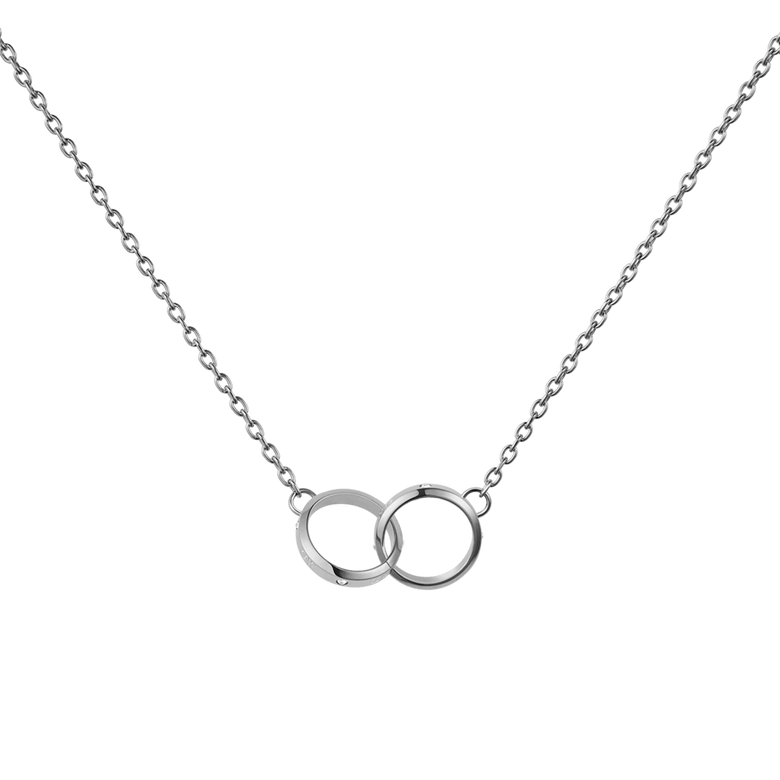 Classic Lumine Unity Silver necklace featuring two interlocking polished silver rings on a delicate adjustable chain, crafted from stainless steel with subtle crystal accents for a refined, minimalist look.
