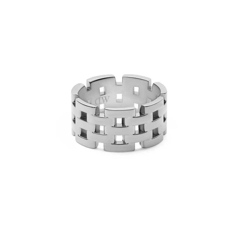Wide silver ring with a bold geometric link design, featuring polished stainless steel and open rectangular links for a modern, statement look.