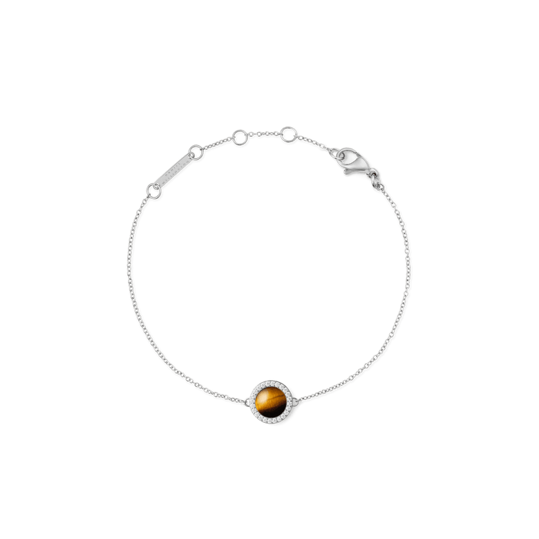 Delicate silver bracelet with an adjustable fine chain, featuring a central tiger eye gemstone framed by a halo of white cubic zirconia and a secure lobster clasp.