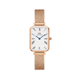 Rectangular rose gold mesh strap watch with a white dial, Roman numerals, and blue steel hands, featuring a minimalist design suitable for everyday wear.