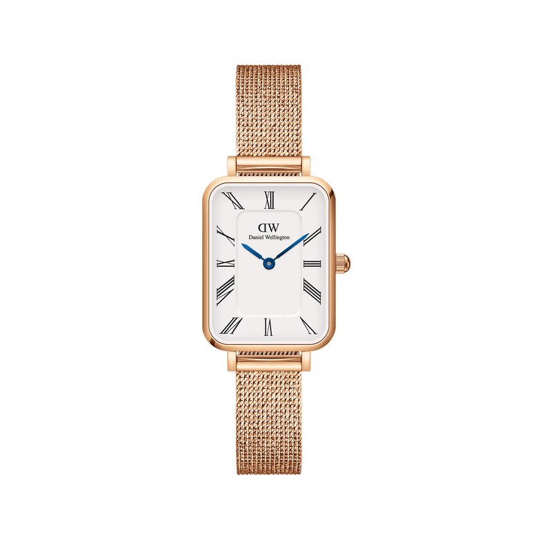 Rectangular rose gold mesh strap watch with a white dial, Roman numerals, and blue steel hands, featuring a minimalist design suitable for everyday wear.