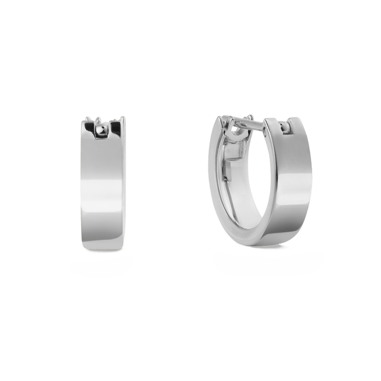 A pair of small, polished silver hoop earrings with a minimalist design and latch-back closure, crafted from 316L stainless steel for a refined, modern look.