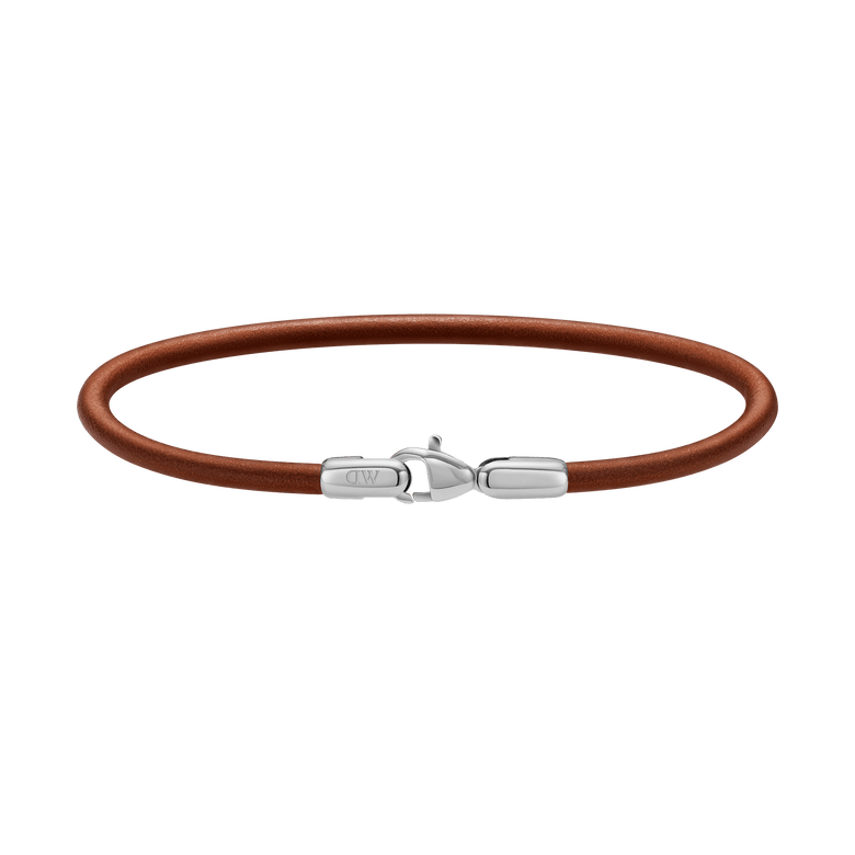 Slim brown leather St Mawes Bracelet Silver with a polished silver stainless steel lobster clasp, shown against a plain background to highlight its minimalist and versatile design for men.