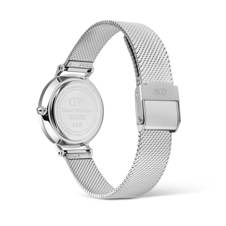 Rear view of the Daniel Wellington Petite Reflection Silver ladies watch showing the engraved stainless steel case back, adjustable mesh strap, and secure clasp buckle.