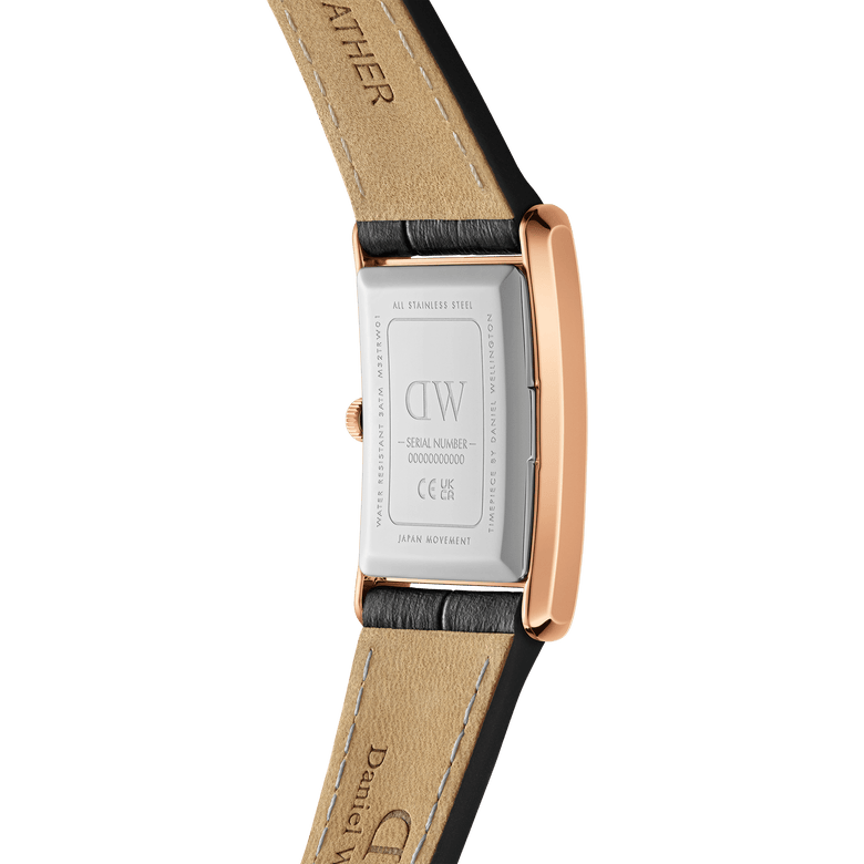 Close-up of the Bound Black Crocodile Rose Gold watch showing the stainless steel case back, rose gold frame, and genuine leather strap with crocodile embossing, highlighting craftsmanship and quality details.