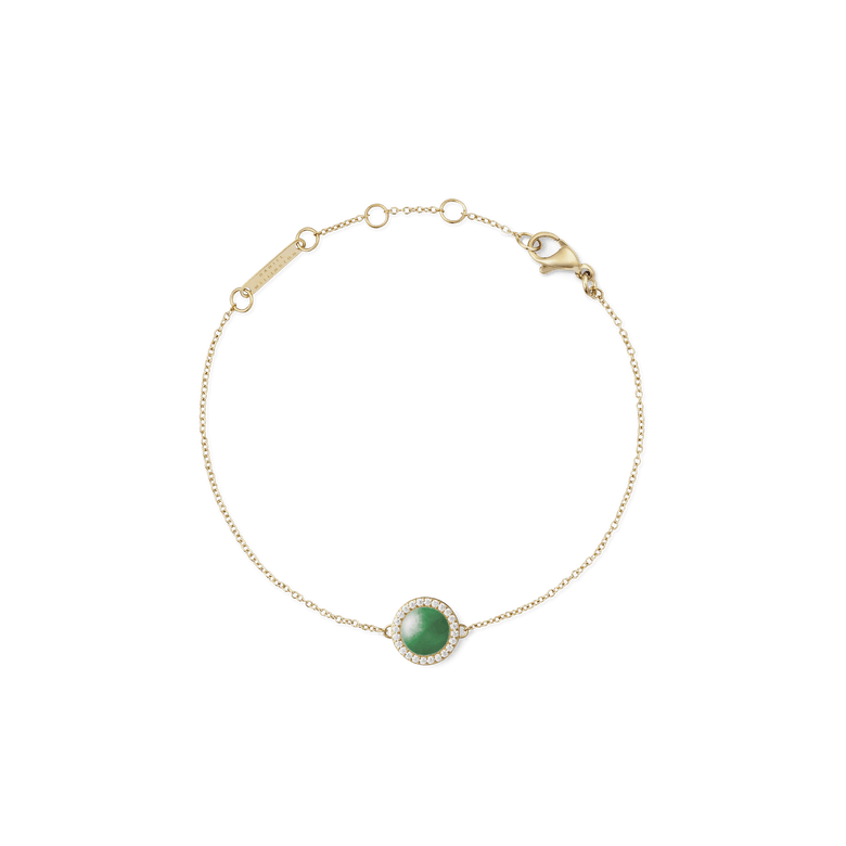 Delicate gold bracelet featuring a domed jade centrepiece surrounded by a halo of cubic zirconia, set on a fine adjustable gold chain with a secure lobster clasp.