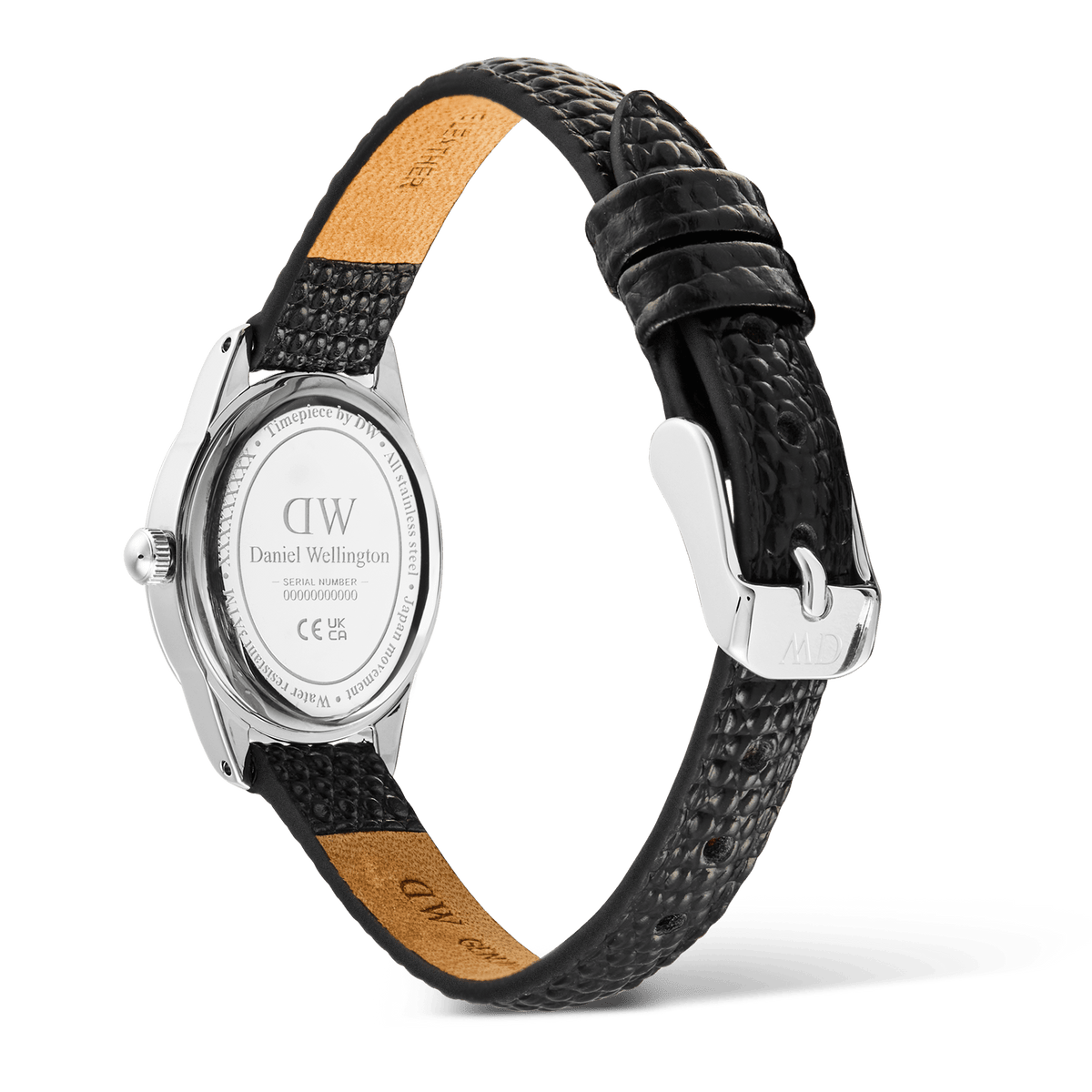Rear view of the Daniel Wellington Ophelia Mini Black Lizard Ice Blue Guilloché Silver watch, showing the polished stainless steel case back, engraved branding, and textured black lizard-embossed leather strap with silver pin buckle.