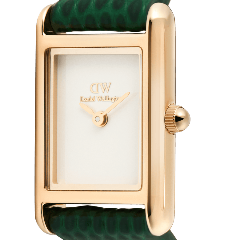 Close-up of the Bound Mini Green Lizard Rose Gold watch, highlighting the rectangular rose gold case, minimalist white dial, and textured green lizard-embossed leather strap.