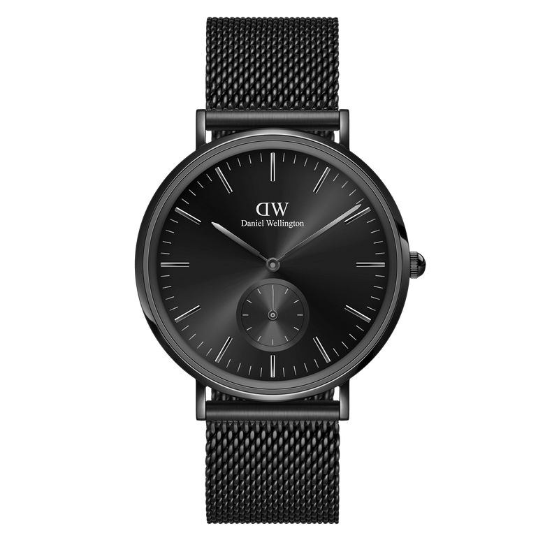 Classic Multi-Eye Ashfield Onyx men's watch featuring a 40mm round black dial with minimalist hour markers, a black mesh stainless steel strap, and a multi-eye subdial for added functionality.