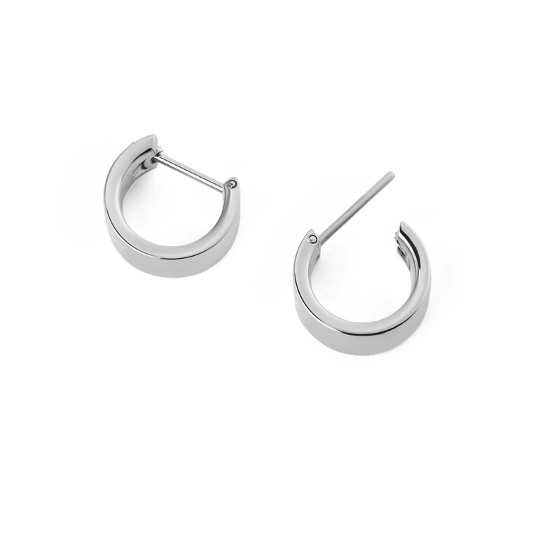 Daniel Wellington Line Earring Polished Silver 5.5mm pair shown open, highlighting the squared hoop shape, mirror-polished silver finish, and latch-back closure for secure and comfortable wear.