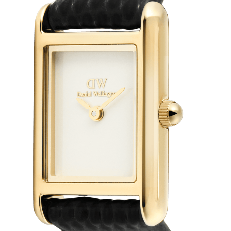 Close-up of the Bound Mini Black Lizard Gold watch showing its rectangular gold case, minimalist white dial with gold hands, and textured black lizard grain leather strap.