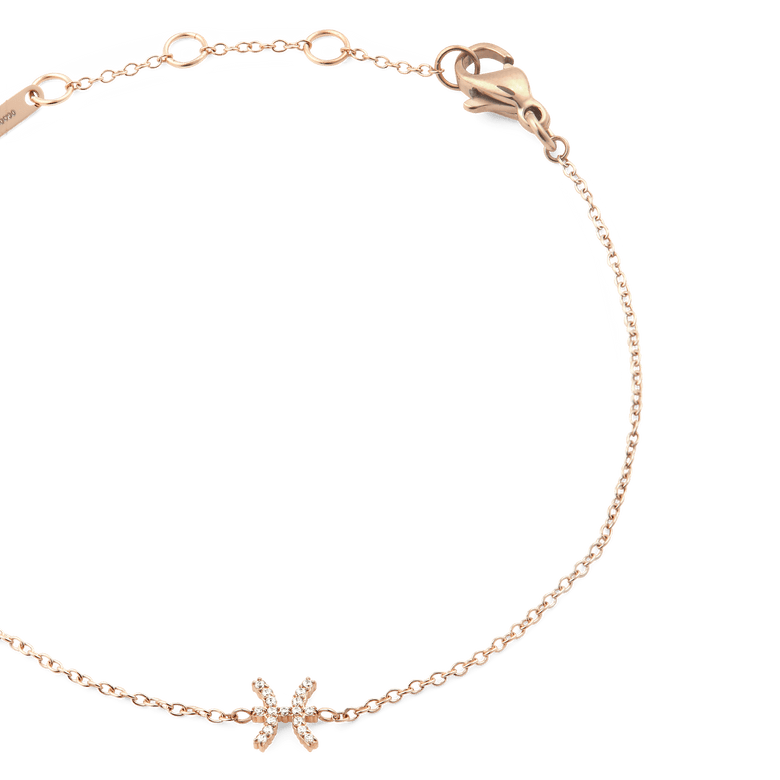Close-up of the Crystal Zodiac Chain Bracelet Rose Gold, showing the adjustable rose gold chain, secure lobster clasp, and a sparkling crystal-set Pisces zodiac pendant.