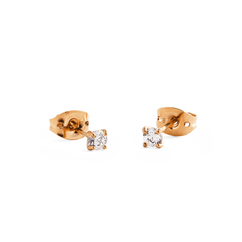 Mirelle Solitaire Stud Earrings in rose gold with white cubic zirconia stones, shown from the side and back to highlight the secure butterfly backs and polished rose gold finish.
