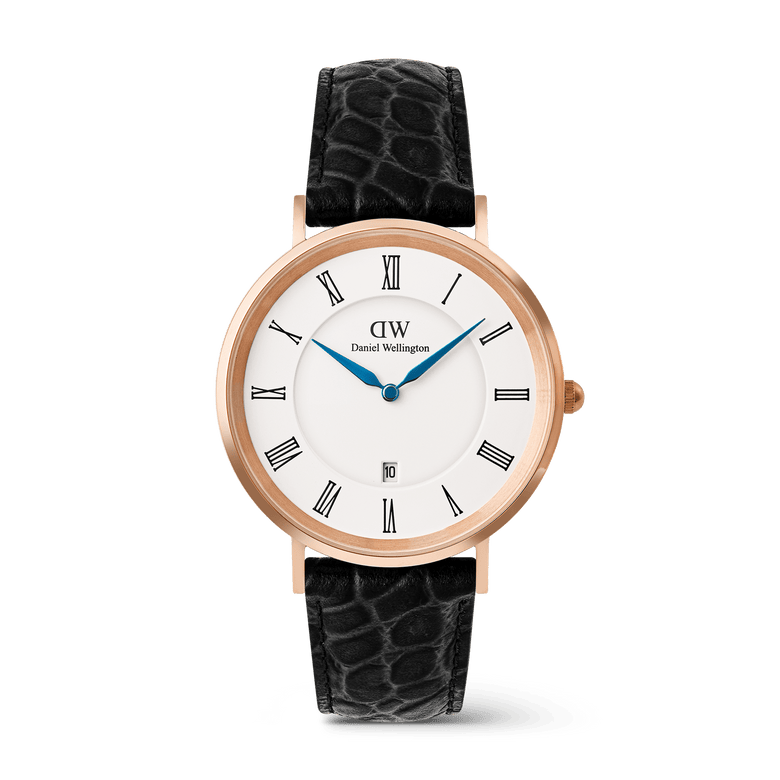 Classic Roman Numerals Date Black Croc Belly Rose Gold men’s watch with a rose gold case, white dial featuring Roman numerals, blue hands, date window at six o’clock, and a black croc-embossed genuine leather strap.