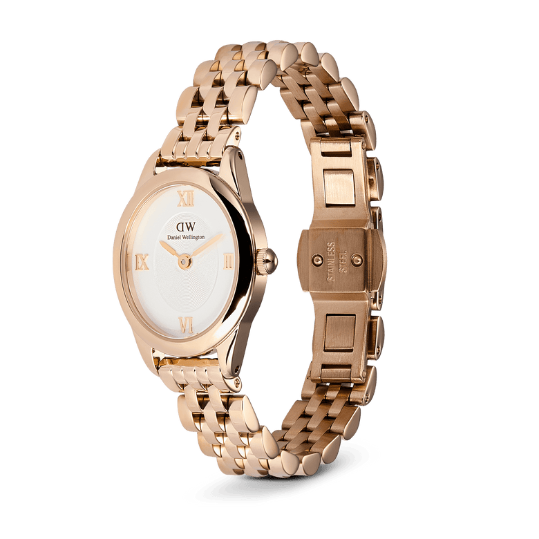 Ophelia Mini Rose Gold ladies watch with an oval rose gold case, white sunray dial, rose gold Roman numerals, and a polished five-link bracelet featuring an open butterfly clasp.